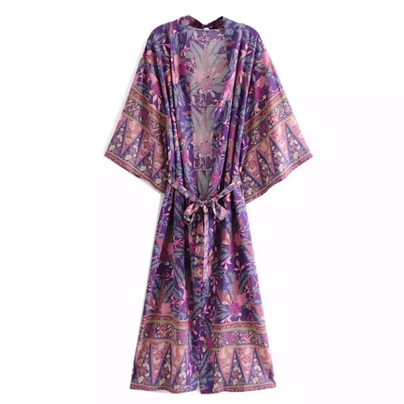 Tops - Boho Purple Floral Wisteria Kimono Duster Wrap